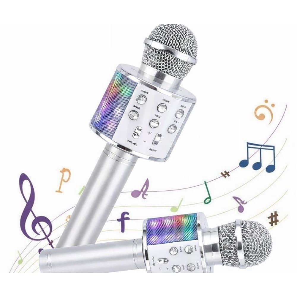Srebrny mikrofon do karaoke z wbudowanym głośnikiem