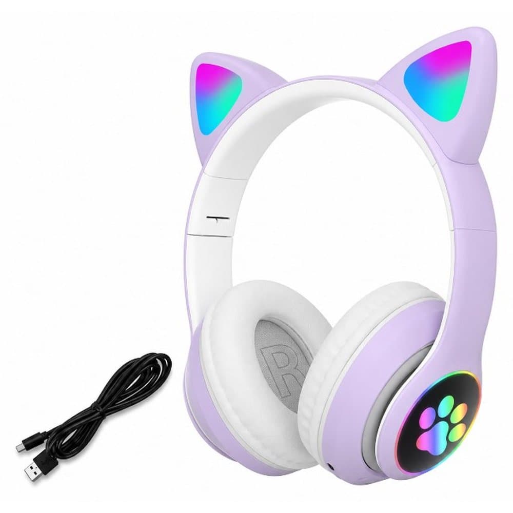 Fioletowe słuchawki kocie uszka LED RGB